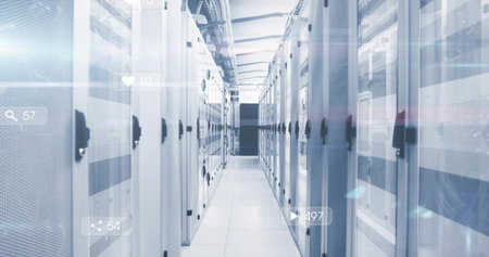 Leading long narrow data center aisle showing server cabinets with digital icons on glass doors....