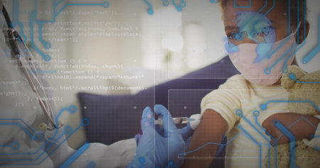 Giving nurse in scrubs vaccinating masked child on couch, syringe gloves teddy overlays, copy space. Patient, pediatric, immunization, clinical, healthcare, technology, digitalの写真素材