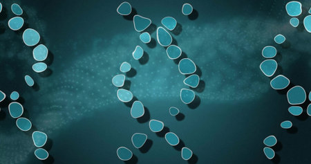 Floating central chain of round turquoise pebbles in digital art, with white outlines, soft shadows. Abstract, biomorphic, gradient, depth, vertical, translucent, 3dの写真素材