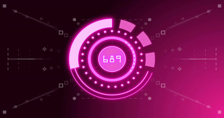 Animating neon circular HUD displaying numeric readout 689 on UI, pulsing concentric dotted ring. Futuristic, interface, dashboard, glow, gradient, magenta, pinkの写真素材