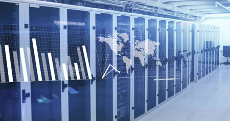 Displaying row of glass server racks streaming data overlays at data center, with LEDs and cabling....