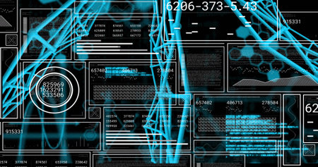 Displaying cyan tubular lattice weaving over central HUD, with panels, circular gauge, waveform....