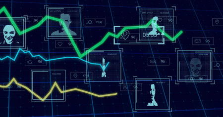 Displaying network analytics HUD centered on dark grid, showing profile frames, neon lines, icons....