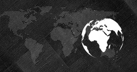 Showing white globe icon with Africa and Europe over halftone map for graphic design, copy space. Circle, silhouette, monochrome, highcontrast, dotted, geometric, abstractの写真素材