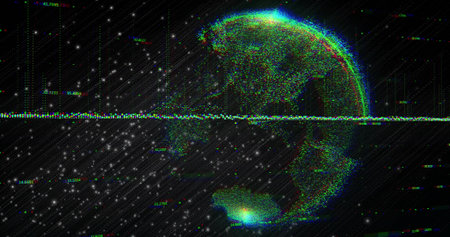 Spinning Earthlike pixel globe showing crossing data scanline over starfield, glitching numbers....