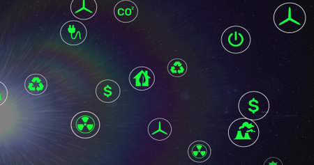 Glowing neon green circular icons floating over cosmic flare, showing recycle wind plug power. Glyphs, infographic, abstract, space, futuristic, digital, sustainabilityの写真素材