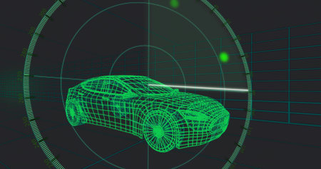 Displaying neon-green wireframe sedan rotating inside radar HUD over 3D grid with scan beam....