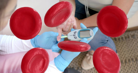 Testing caregiver blue gloves checking fingertip at home, with glucometer and red blood cells....