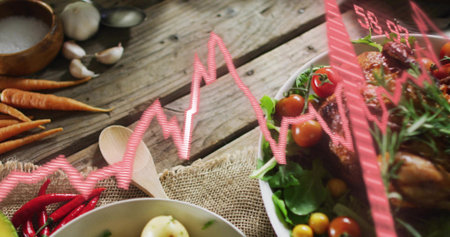 Displaying white serving bowl holding roasted chicken at farmhouse table, with neon-pink overlay. Rustic, kitchen, greens, potatoes, garlic, chilies, herbsの写真素材