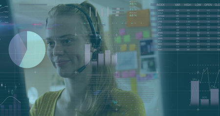 Answering support agent wearing mustard dotted top at office desk, with headset and monitor overlay....