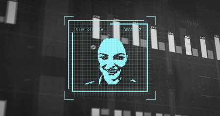 Displaying teal pixel portrait centered in dashboard grid, showing HUD brackets, User profile ID....