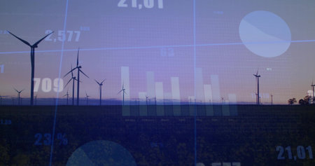 Blending three-bladed wind turbines with translucent data overlays at dusk, showing pie chart....