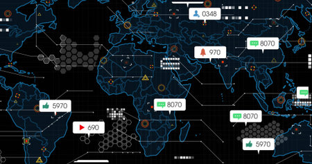 Displaying neon-blue map covering digital dashboard at dark grid, with notification bubbles. Globe,...