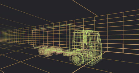 Rotating wireframe box truck model moving in virtual 3D grid space, showing vanishing point. Neon, linework, geometry, digital, vehicle, cargo, corridorの写真素材