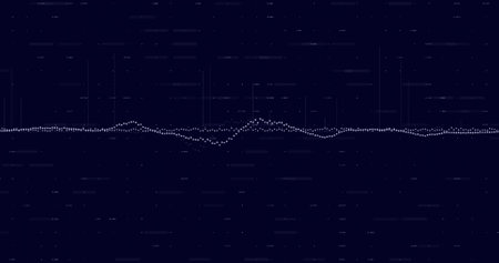 Displaying dotted data waveform running across navy display, featuring vertical bars and baseline. Minimalist, abstract, neon, grid, dots, pulse, signalの写真素材
