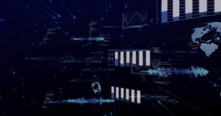 Displaying central floating data cluster in 3D network space, showing waveforms, bars, globe icons....