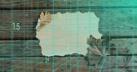 Displaying torn off-white sheet lying on worn planks, with dried brown leaves and teal grid overlay. Parchment, woodgrain, rustic, augmentedreality, measurement, mockup, designの写真素材