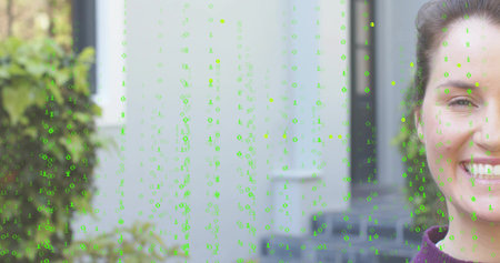 Smiling mid adult woman in purple top at porch steps, showing green binary overlay, copy space....