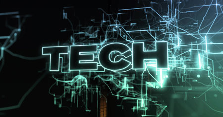 Glowing neon TECH word mark pulsing within virtual 3D studio, with circuit lines and orange accent. Futuristic, digital, abstract, interface, grid, wireframe, glowの写真素材