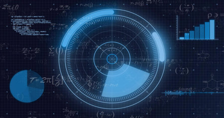 Displaying central radar-style HUD pulsing on dark blue grid canvas, showing pie chart, waveform. Dashboard, neon, analytics, data, visualization, interface, cyberneticの写真素材