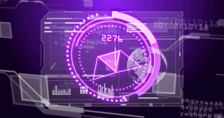 Animating glowing purple HUD interface in virtual dashboard, showing triangular chart, globe, 2275....