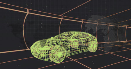 Glowing neon-green wireframe 3D sports car model floating in cyberspace tunnel, with orange grid. Vehicle, polyline, futuristic, digital, render, virtual, cyberpunkの写真素材
