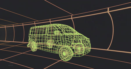 Showing neon green wireframe van model turning in grid tunnel, with wheels, lower-left marks. Mesh, vehicle, 3d, polygonal, perspective, glow, fluorescentの写真素材