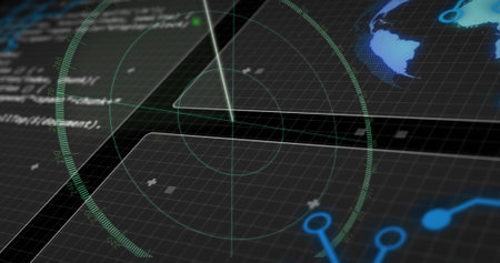 Displaying circular radar overlay scanning control console, showing sweep beam, code, map, nodes....