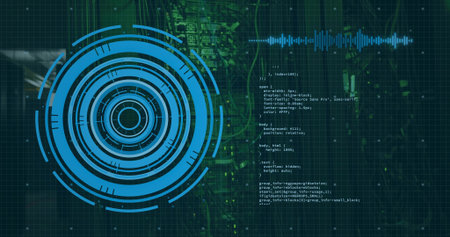 Displaying blue concentric HUD graphic scanning left side screen, with cyan waveform and white code. Interface, radar, telemetry, grid, matrix, console, dataの写真素材