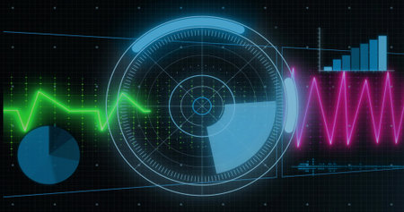Displaying circular radar HUD sweeping blue sector on dark grid, showing green ECG and magenta wave. Interface, dashboard, visualization, telemetry, scatter, gridlines, neonの写真素材