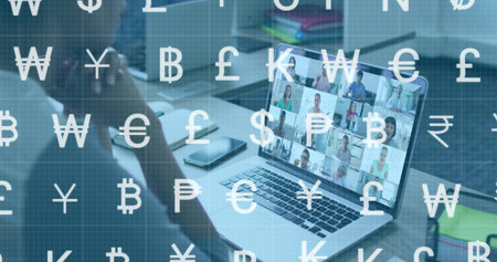 Leaning worker in casual top, joining laptop call at desk, phone, sticky notes, currency overlay. Screen, remote, conference, collaboration, office, daylight, gridの写真素材