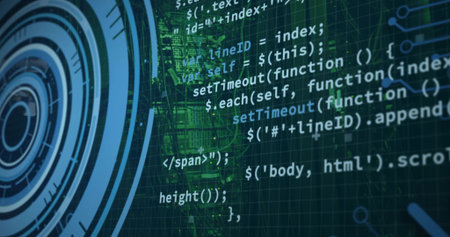 Displaying centered JavaScript and jQuery code on-screen grid, with large HUD and circuit traces....