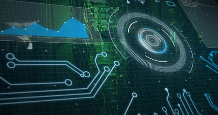 Displaying circular HUD pulsing over green PCB in virtual control, showing neon traces and nodes....