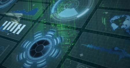 Showing large round blue HUD pulsing on virtual dash, panels, graphs, globe, green code-streams....