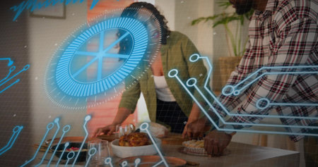 Leaning couple wearing plaid shirt and green jacket arranging roast chicken at home table, blue HUD. Dining, partners, augmented, reality, interface, futuristic, lightingの写真素材