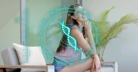 Sitting woman mauve tank denim shorts touching chin on wooden chair with DNA HUD, copy space....