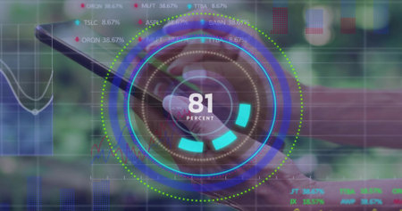 Tapping mature woman's hands in long sleeves touching phone at park railing, showing 81 percent HUD. Augmented, reality, data, analytics, interface, dashboard, overlayの写真素材