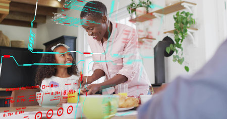 Leaning mother pink shirt serving breakfast with juice to child at kitchen table with HUD overlay. Family, home, bonding, care, morning, cozy, warmthの写真素材