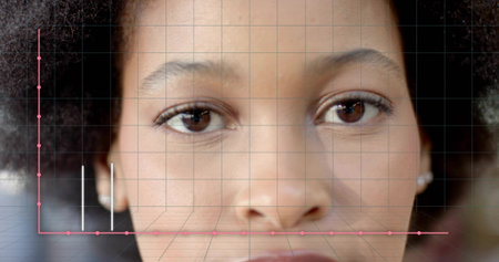 Woman wearing stud earrings looking at camera in studio, showing grid overlay and pink plotted line. Portrait, closeup, gaze, focus, bokeh, dataviz, visualizationの写真素材