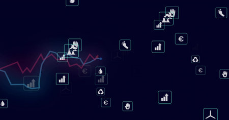 Floating cluster of neon finance and eco icons on data dashboard, showing blue and pink charts. Analytics, environmental, currency, monetary, digital, gradient, minimalistの写真素材