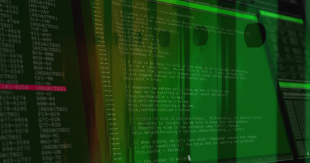 Showing central green code editor at console, with side panes, red highlight, monospaced cursor....