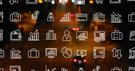 Displaying grid of white financial icons overlaying street at night, showing taillights and lamps. Finance, business, charts, graphs, banking, calculator, analyticsの写真素材