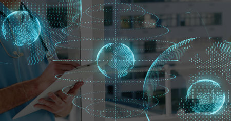 Writing doc using tablet with pen at glass window wearing scrubs stethoscope AR globes, copy space. Physician, clinician, healthcare, futuristic, holographic, projection, visualizationの写真素材