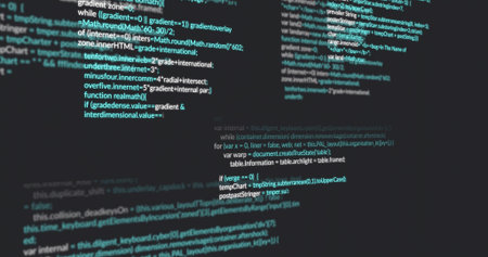 Displaying centered code block on dim workstation monitor, showing functions, loops, DOM references....