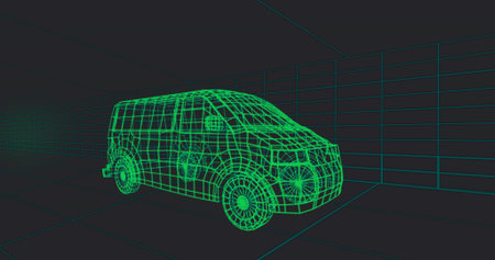 Rendering neon green wireframe van in 3D grid tunnel, with wheels windows and vanishing point....