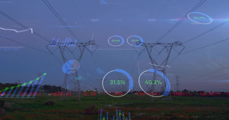 Showing HUD, lattice power towers and lines crossing dusk field, displaying 31.5% 40.2% ticker....