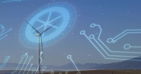 Standing utility-scale wind turbine rotating on arid plain with circular HUD overlay. Renewable,...