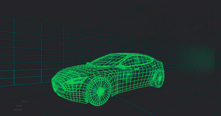 Rendering neon-green wireframe sedan model rotating in 3D viewport, with floor grid, guide lines. Car, polygonal, mesh, cad, motion, glow, visualizationの写真素材
