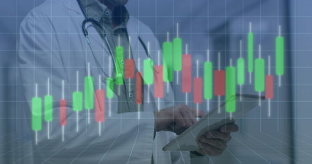 Holding tablet, physician in white coat reading candlestick chart in clinic, stethoscope, grid....