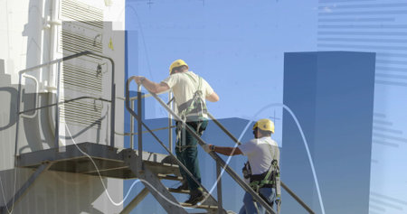 Climbing pair wearing yellow helmets and harness on roof metal stairs by cabinet with graph overlay....